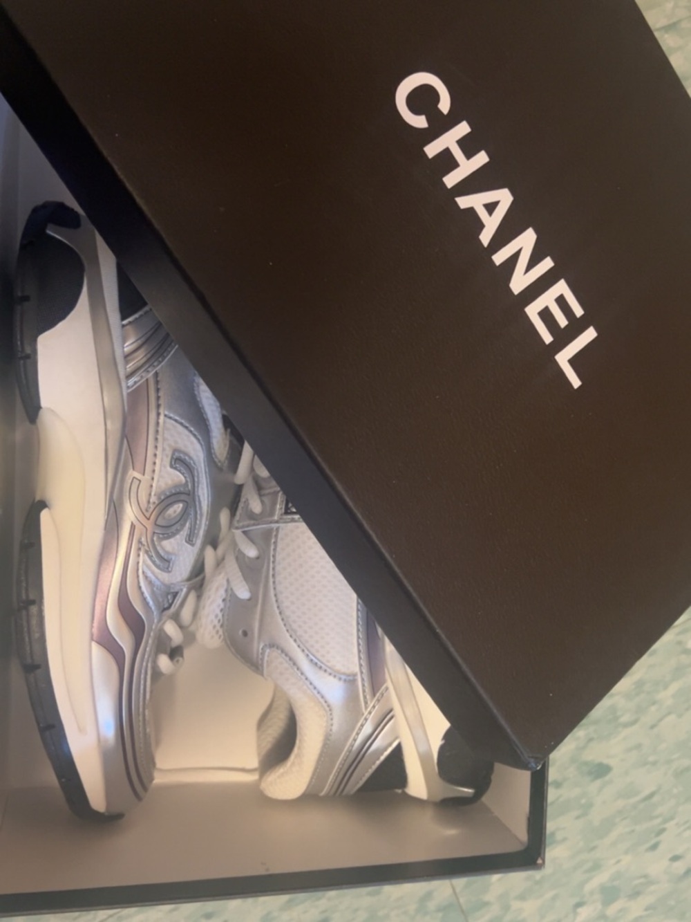Chanel Silver & White CC Logo Sneakers | Size 8 women| w/ Box